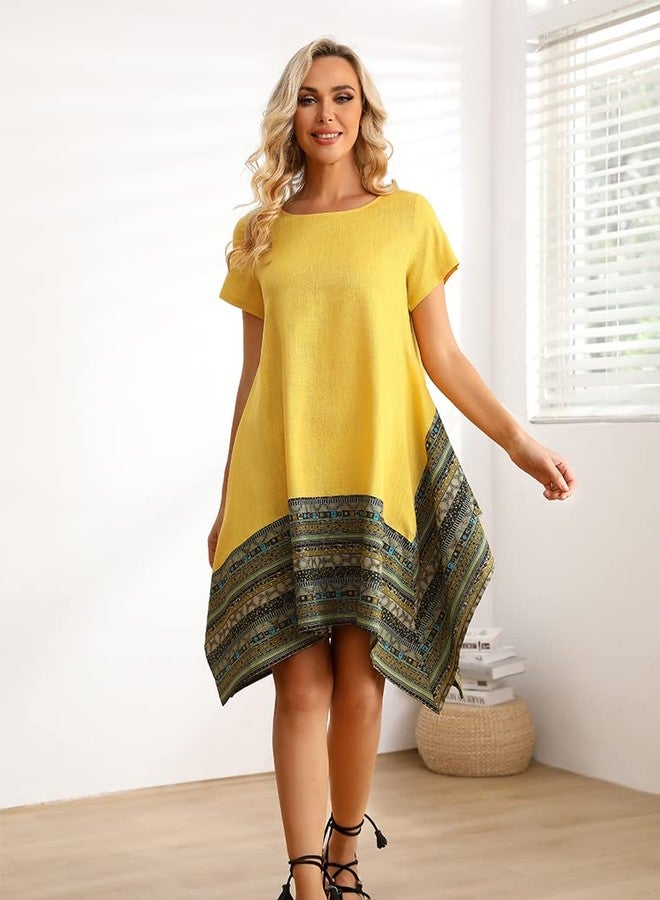 Minibee فستان تونيك قصير الأكمام غير منتظم من القطن والكتان من مينيبي للنساء (مقاس متوسط، أصفر) - Image 2